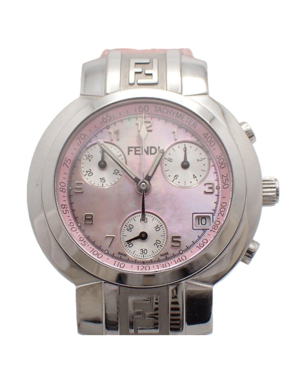 Fendi Zucca Chronograph Quartz Watch Pink Shell Dial Leather Pawn